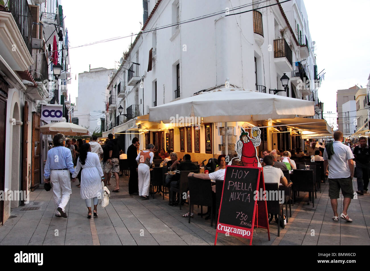 Restaurants at dusk, Old Town, Eivissa, Balearic Islands, Spain