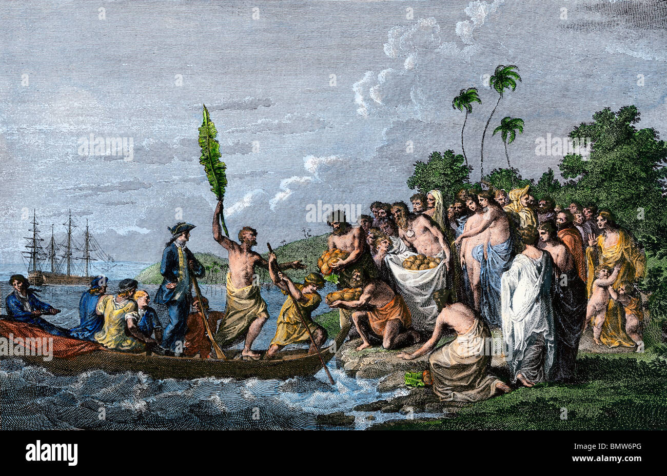 James Cook landing in the Friendly Islands, greeted by Tonga natives bearing fruit, 1770s. Hand-colored woodcut Stock Photo