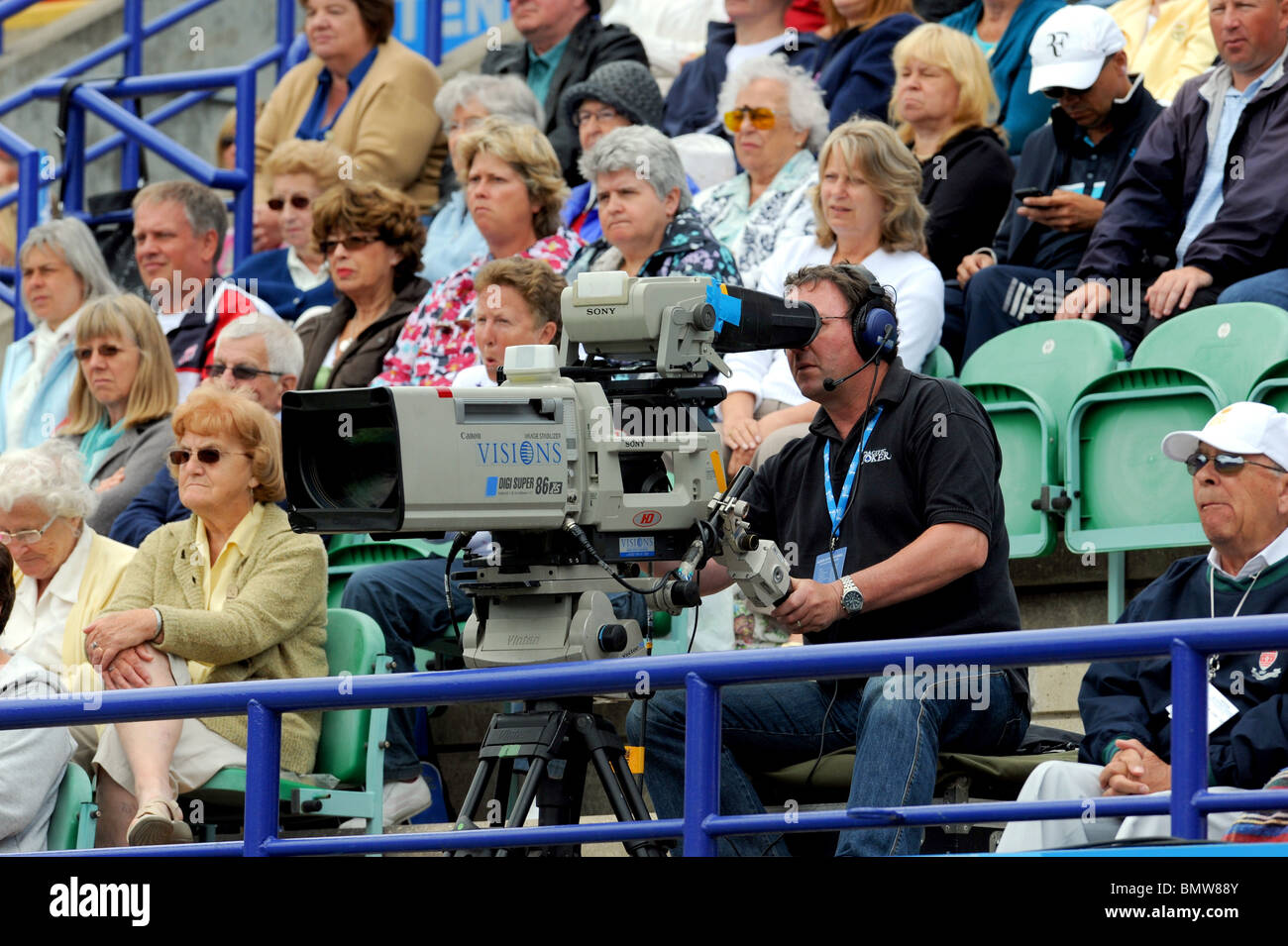 Outside Broadcast Televison camera covering AEGON tennis at Devonshire Park Eastbourne Sussex UK Stock Photo