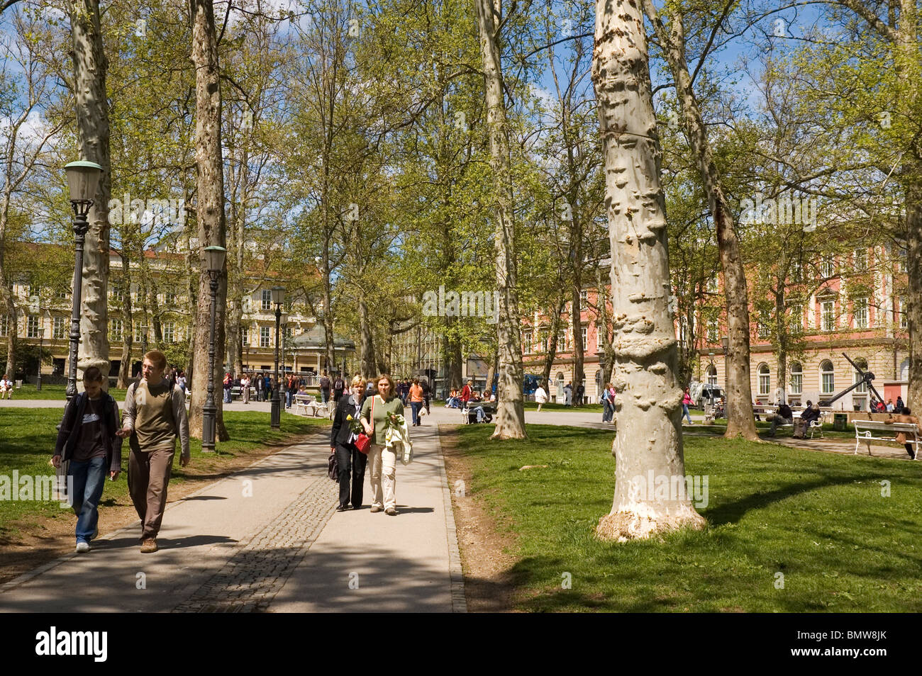 Elk191-1065 Slovenia, Ljubljana, Kongresni Trg park, Congress Square with people walking under the trees Stock Photo