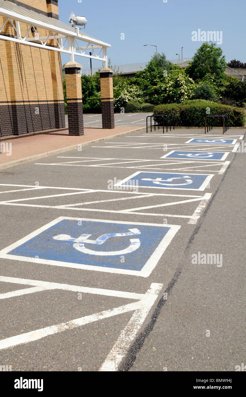 Disabled car parking spaces in Retail Park, Peterborough. Stock Photo
