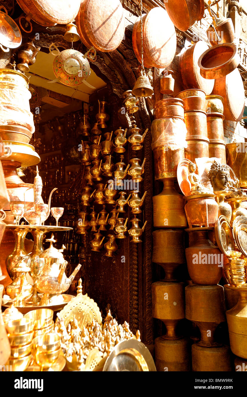 brass and copper ware for sale at market near durbar square, kathmandu