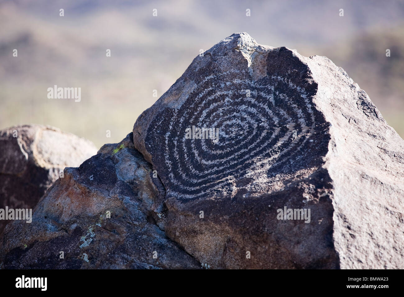 Spiral petroglyph at Signal Hill, Saguaro National Park, Arizona. Stock Photo