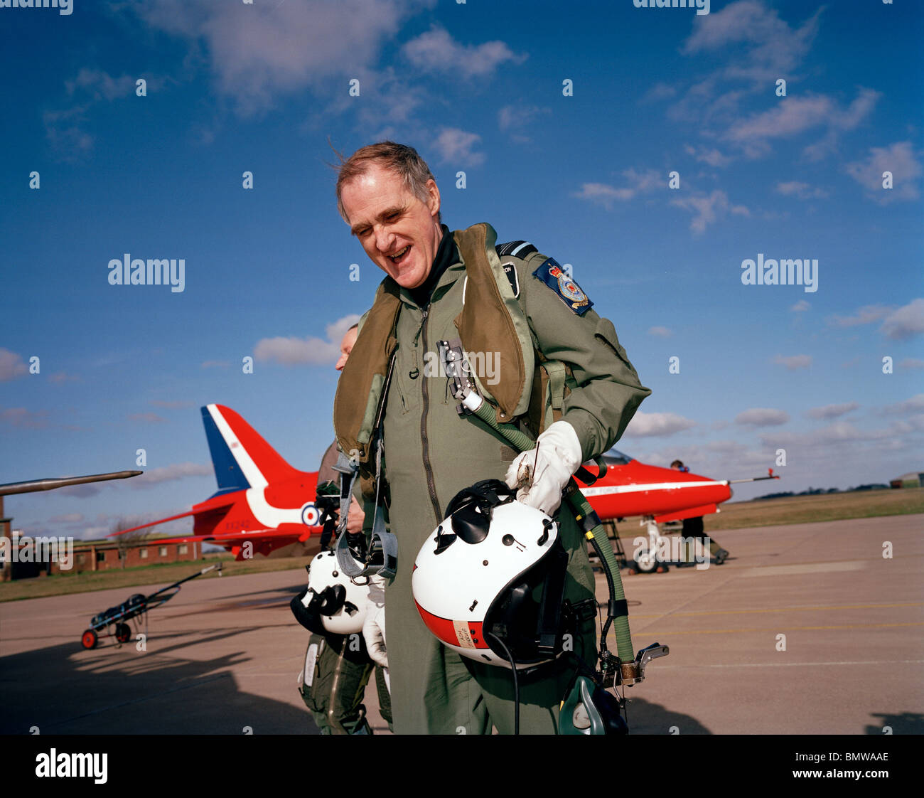 Sir Jock Stirrup after a flight in a Hawk jet while paying a VIP visit to the Red Arrows aerobatic team Stock Photo