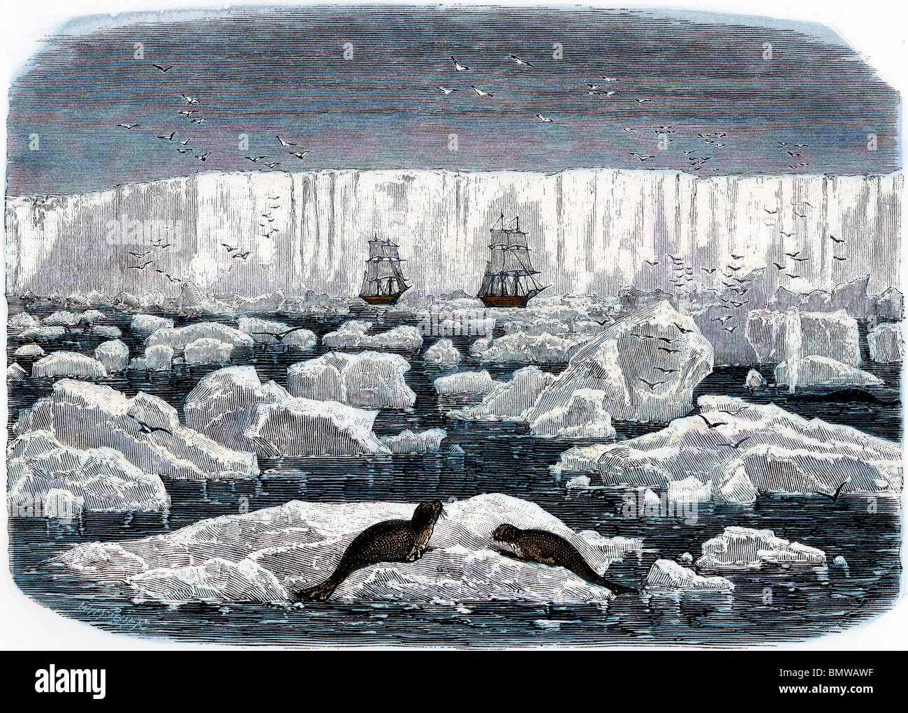 Two sailingships near the iceshelf of Antarctica, 1800s. Handcolored
