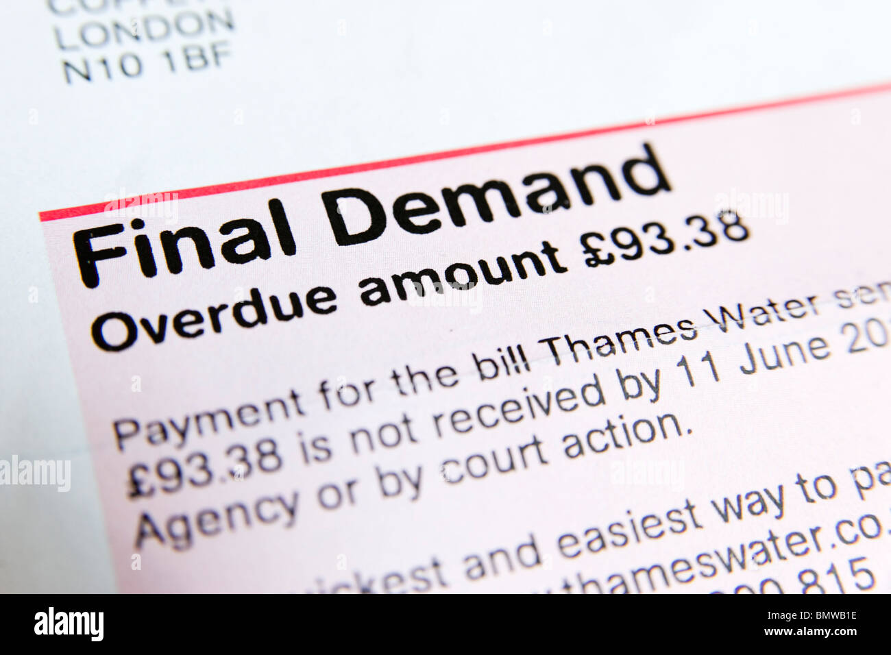 Final Demand for overdue Thames Water bill, England, UK Stock Photo Alamy