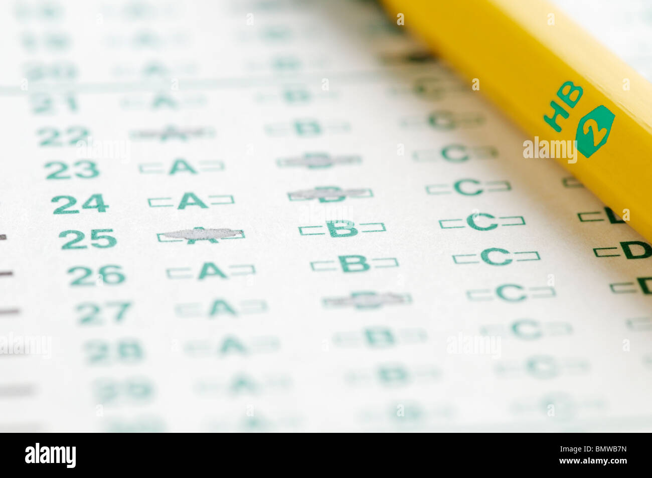 Optical scan answer sheet with #2 pencil representing education testing. Stock Photo