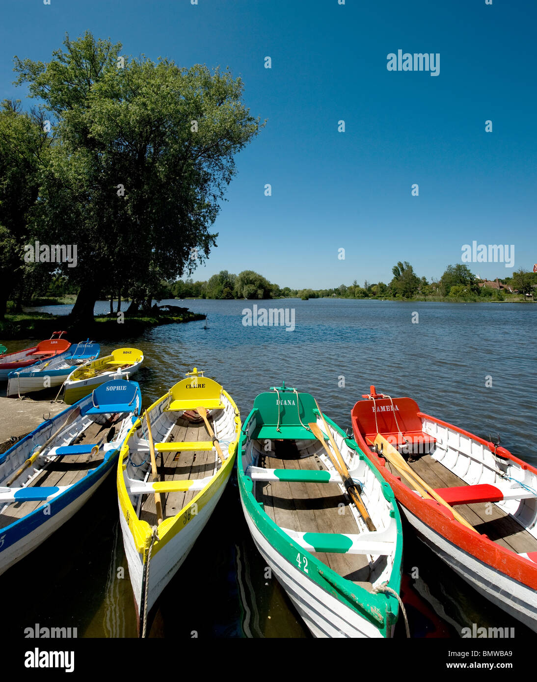 Rowing boats on the meare boating lake at thorpeness hi-res stock ...
