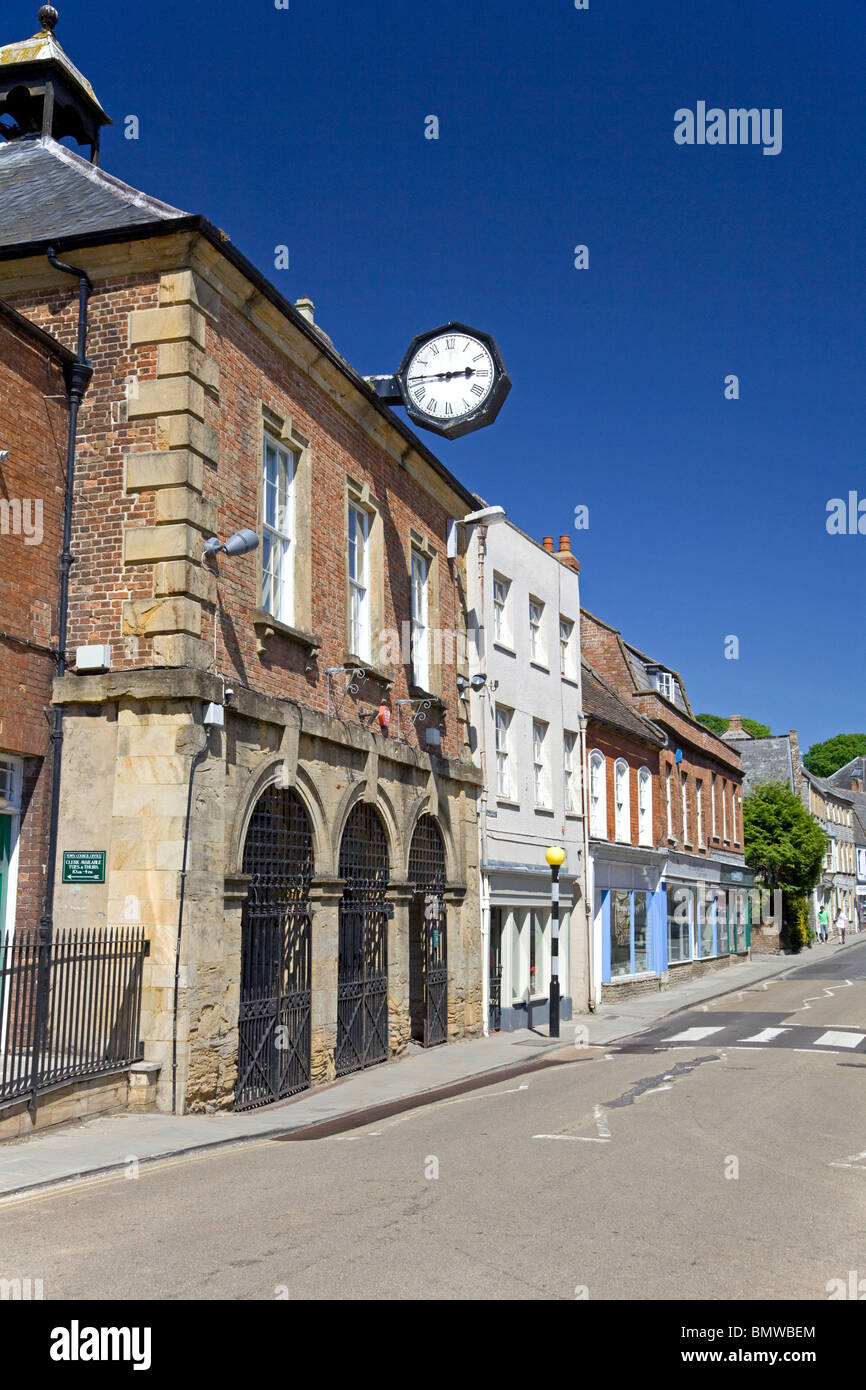 The old Town Hall and main street, Langport, Somerset Stock Photo