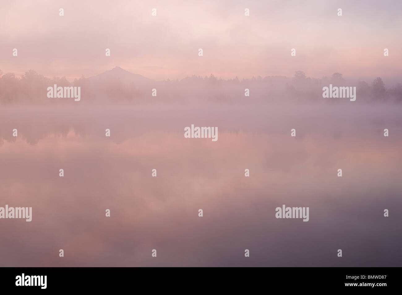 Sunrise Lake Cassidy with fog and Mount Pilchuck with reflections