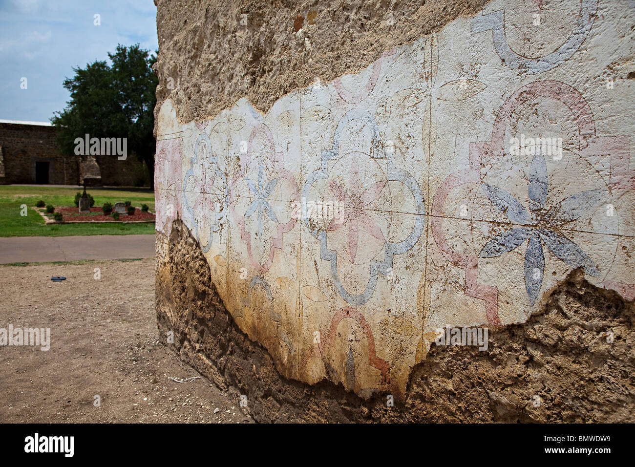 Remains of fresco wall art on the Mission San Jose y San Miguel de Aguayo San Antonio Texas USA Stock Photo