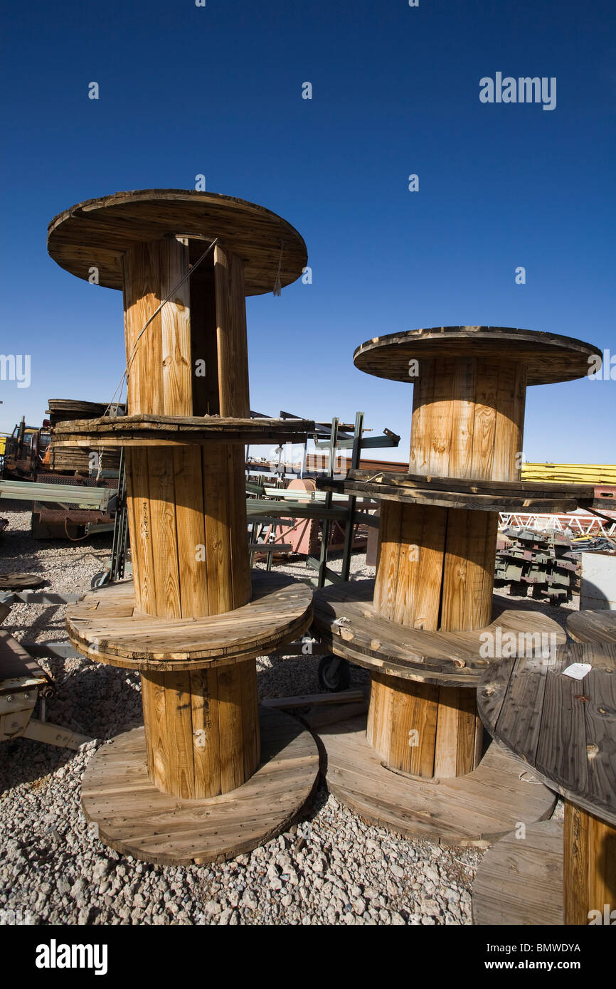 Stack of used wooden cable drums Stock Photo Alamy