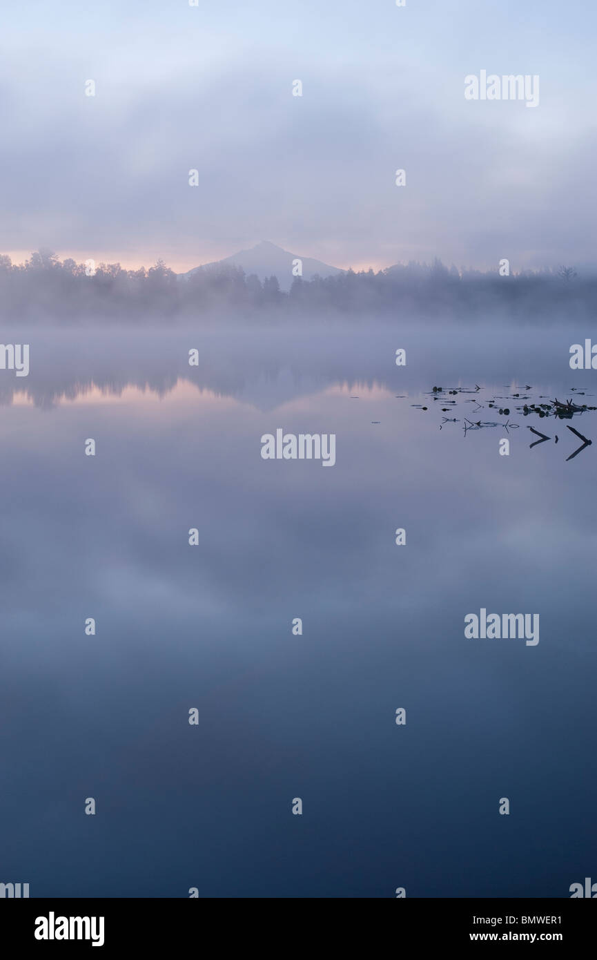 Sunrise Lake Cassidy with fog and Mount Pilchuck with reflections
