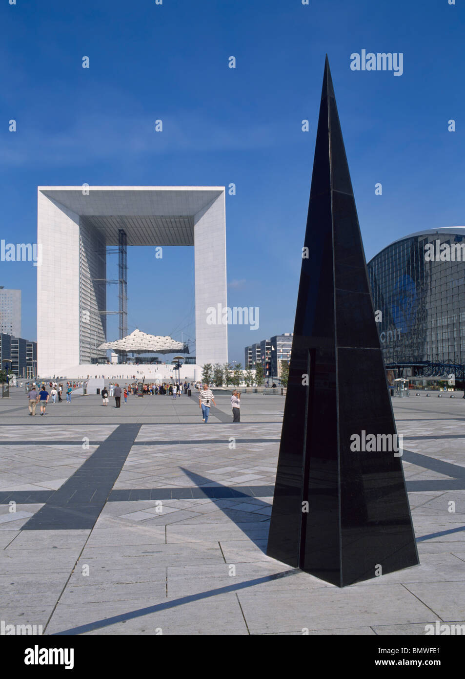 La Defense Grande Arche monument & part French government offices in modern business area with a black pyramid sculpture on the esplanade Paris France Stock Photo