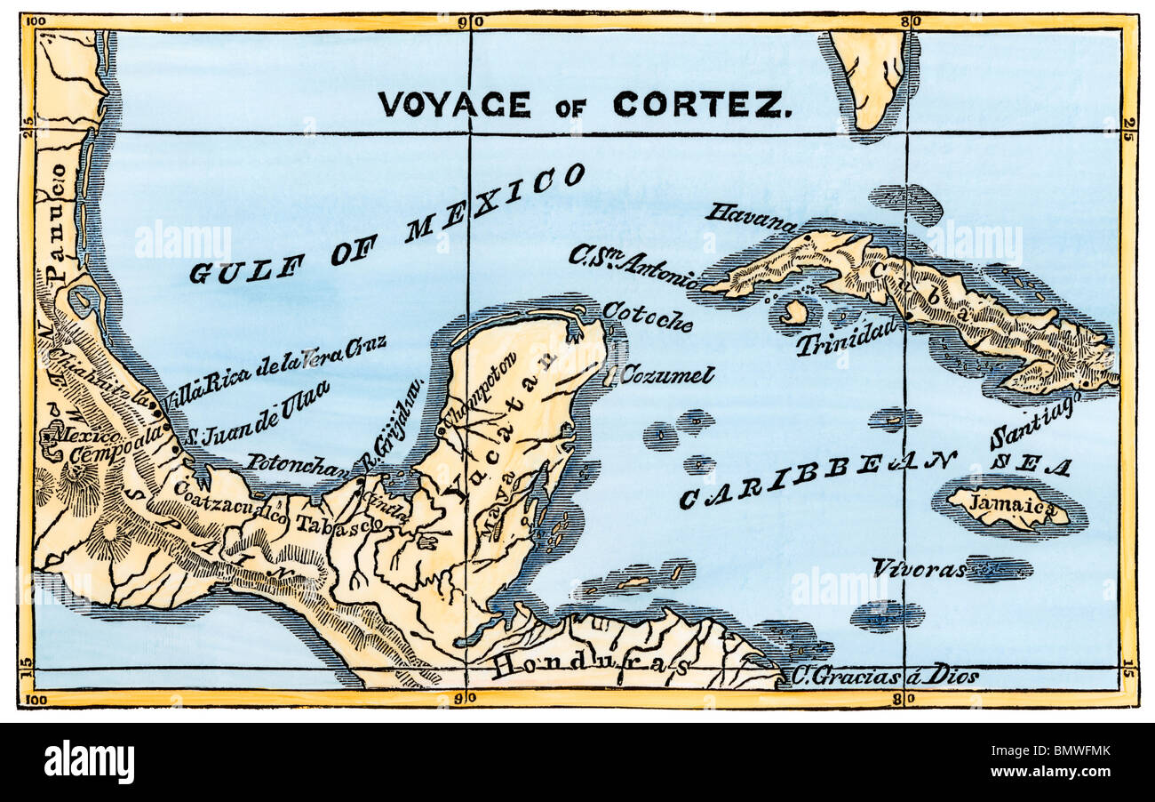 Map of Cortes' landing area in Mexico, 1519. Hand-colored woodcut Stock 