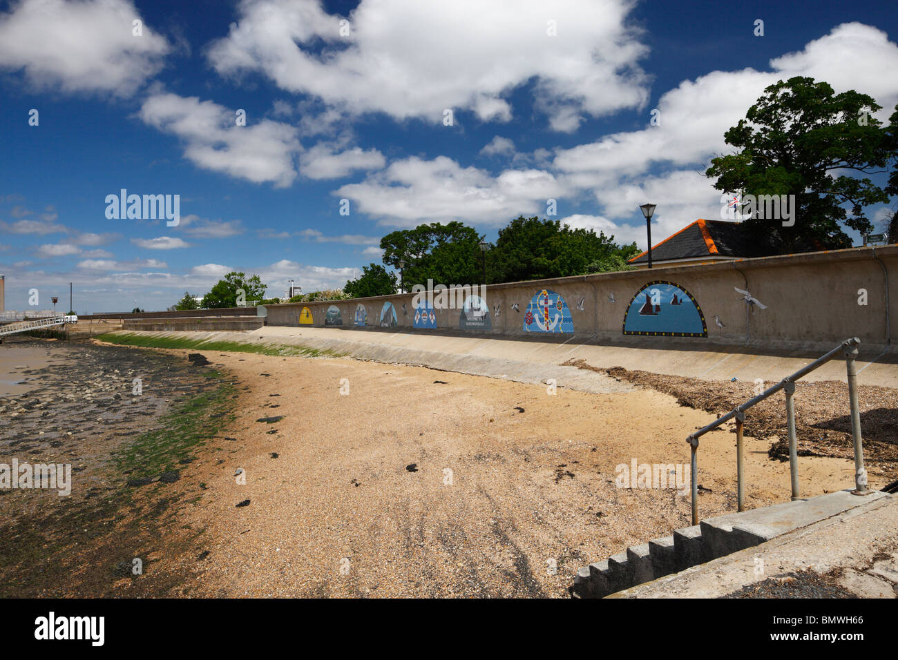 Welcome to Queenborough mural, painted on sea defences. Stock Photo