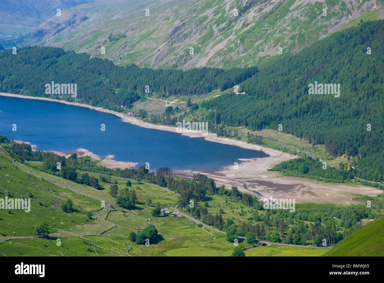 Thirlmere reservoir at low levels, Lake District, Cumbria Stock Photo