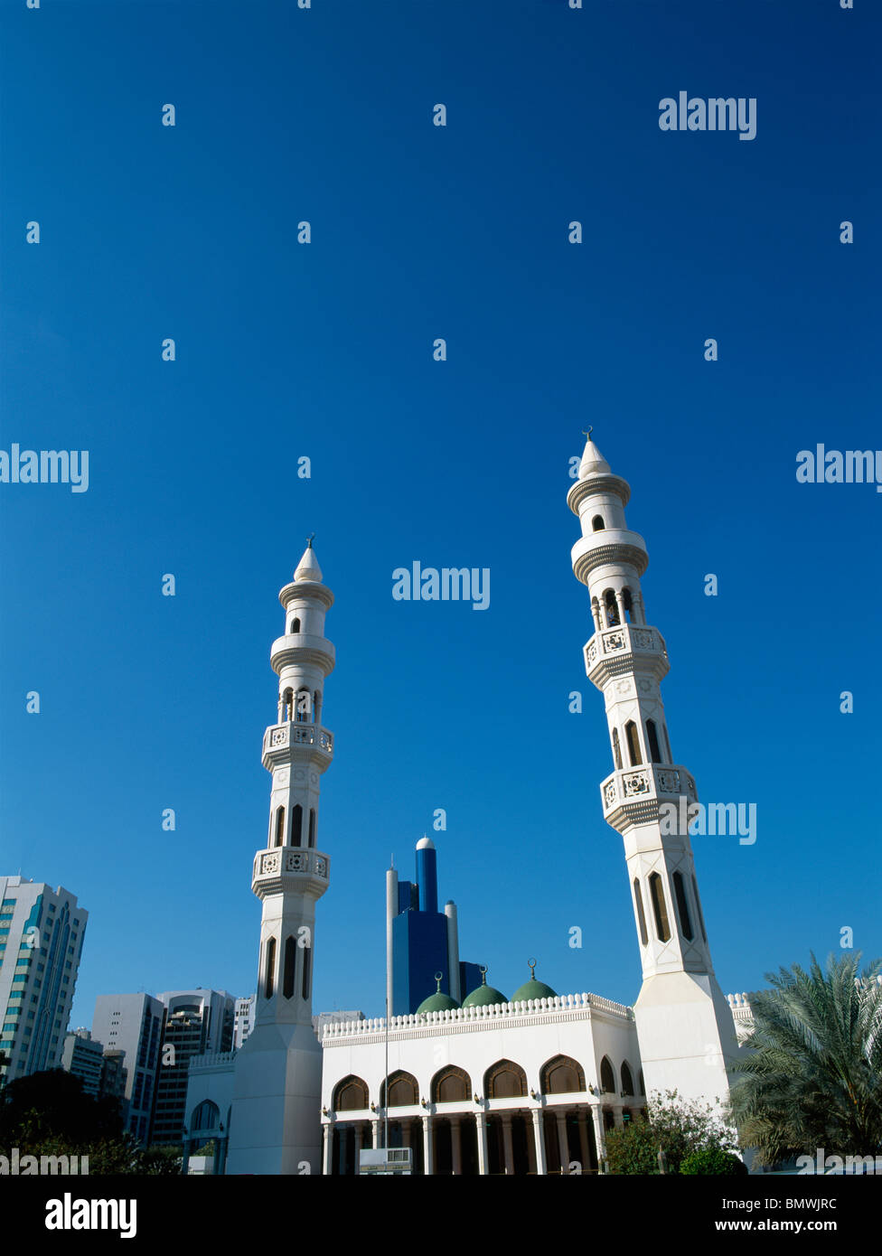 Abu Dhabi UAE Grand Mosque & Minarets National Bank Of Abu Dhabi Stock Photo
