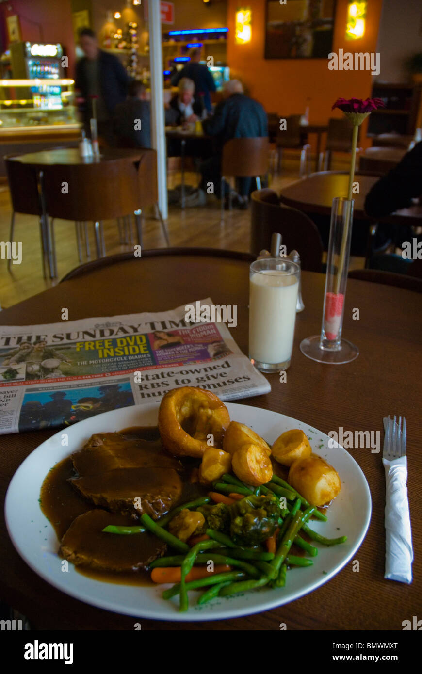 Sunday Roast with beef roasted potatoes and vegetables in a restaurant in Liverpool England UK