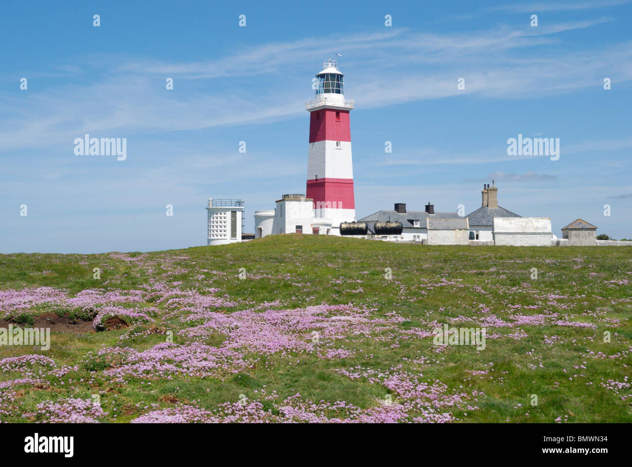 Lighthouse on Bardsey Island, North Wales Stock Photo