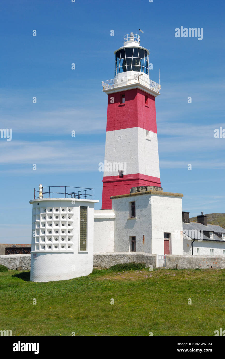 Lighthouse and foghorn on Bardsey Island, North Wales Stock Photo