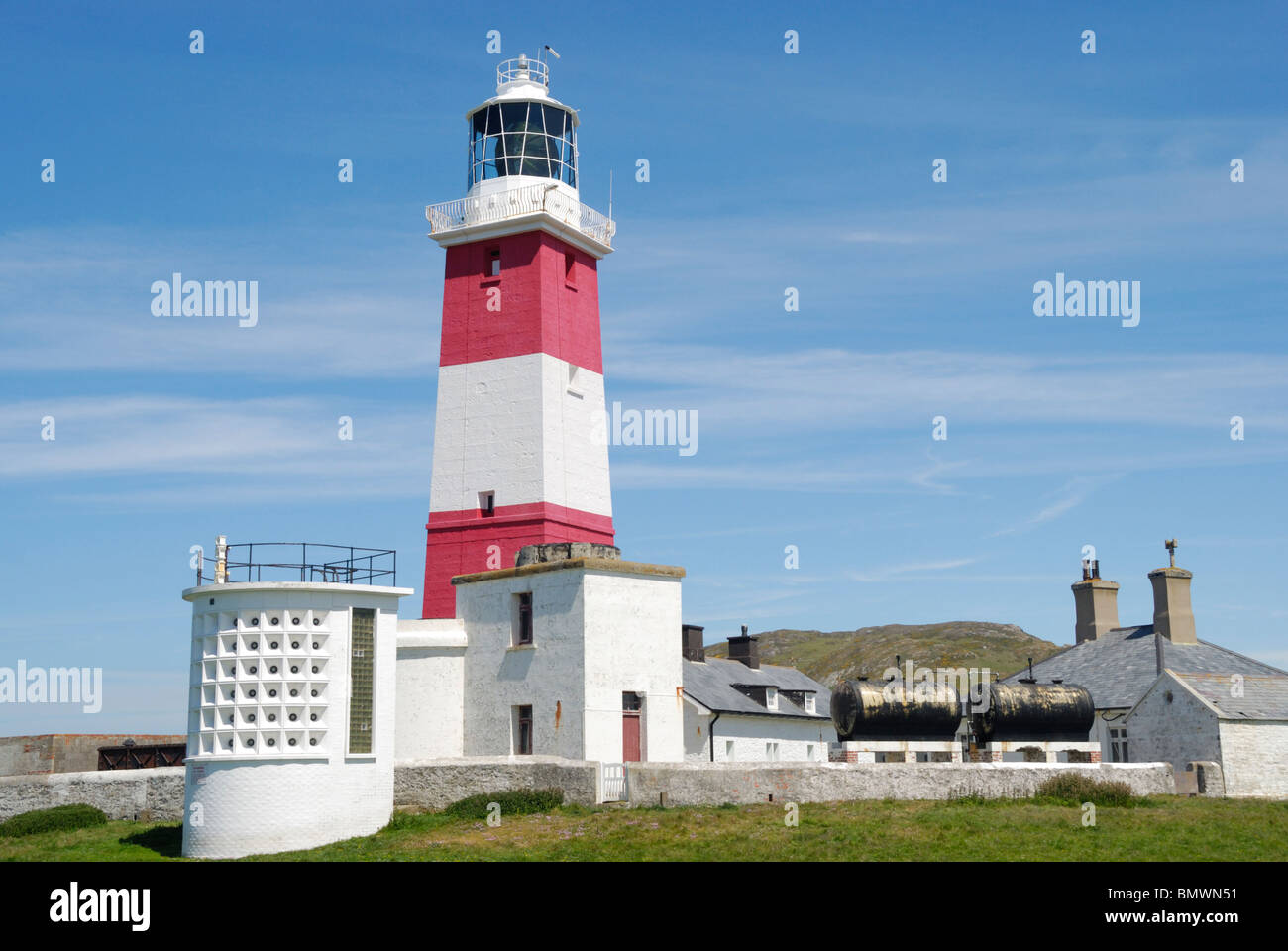 Lighthouse and foghorn on Bardsey Island, North Wales Stock Photo