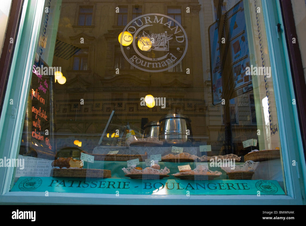 Window of Au Gourmand cafe patisserie old town Prague Czech Republic Europe Stock Photo