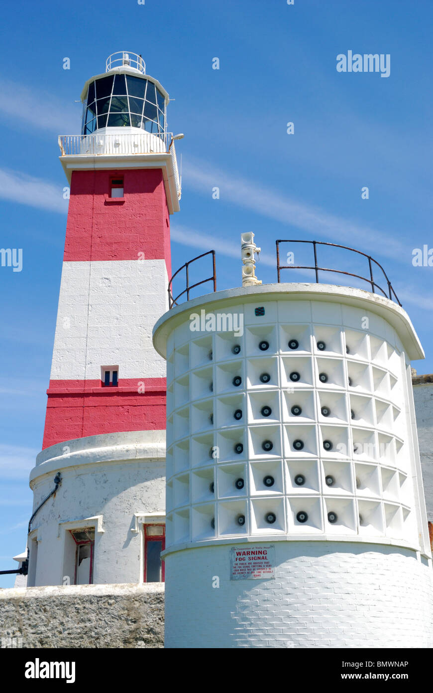 Lighthouse and foghorn on Bardsey Island, North Wales Stock Photo