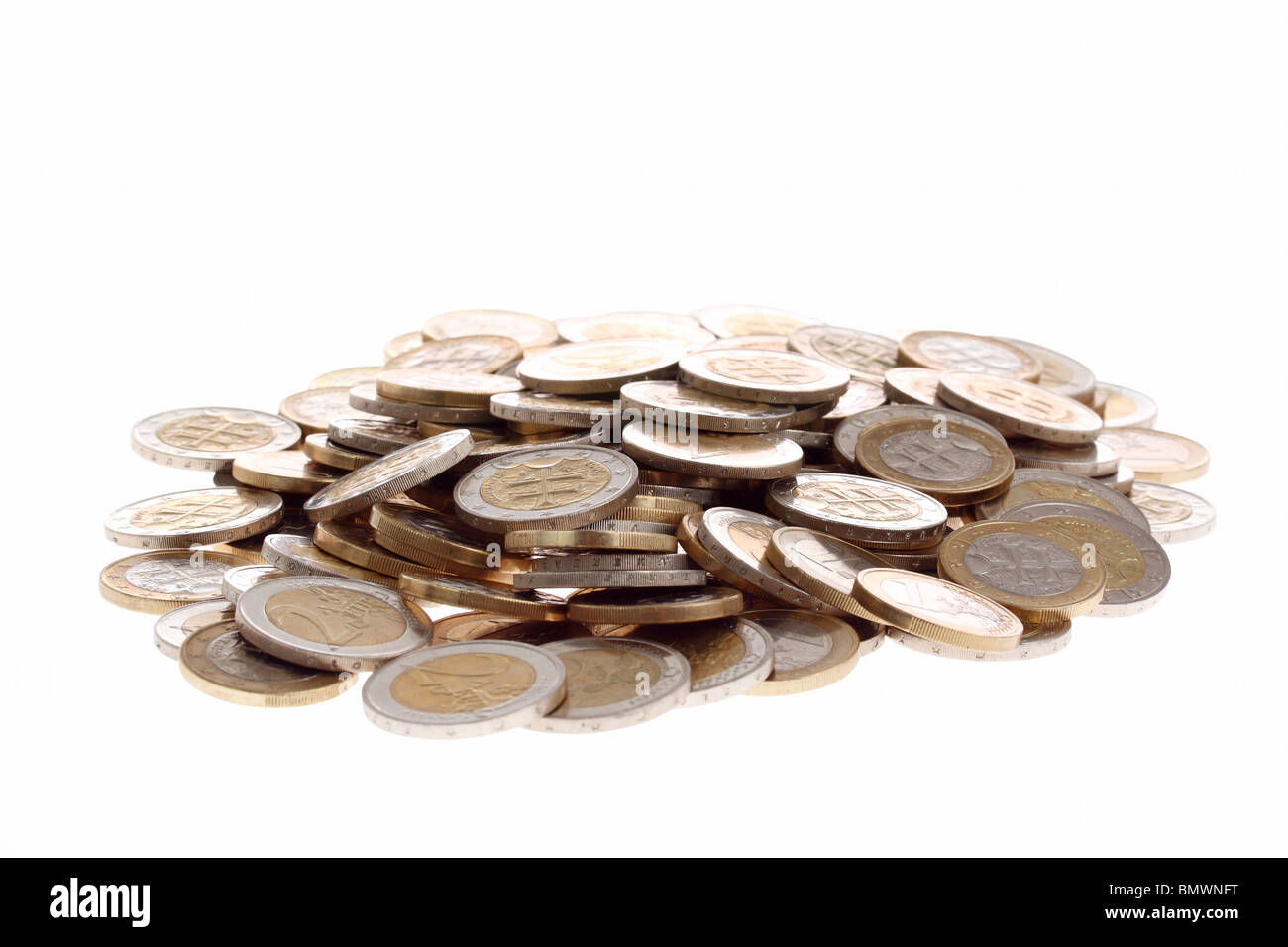 Heap of one and two euro coins isolated on white background Stock Photo ...