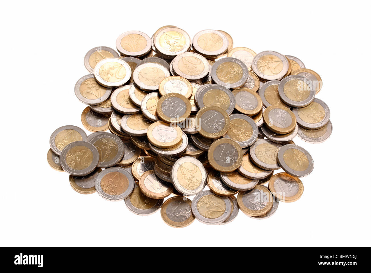 Heap of one and two euro coins isolated on white background Stock Photo ...
