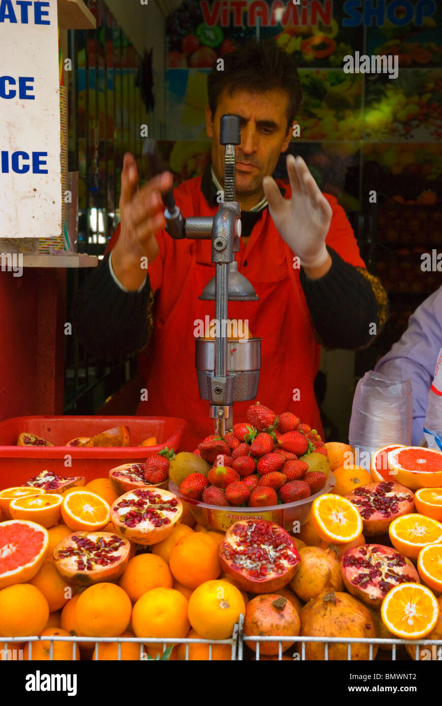 Freshly pressed fruit juice sellers Beyoglu Istanbul Turkey Europe