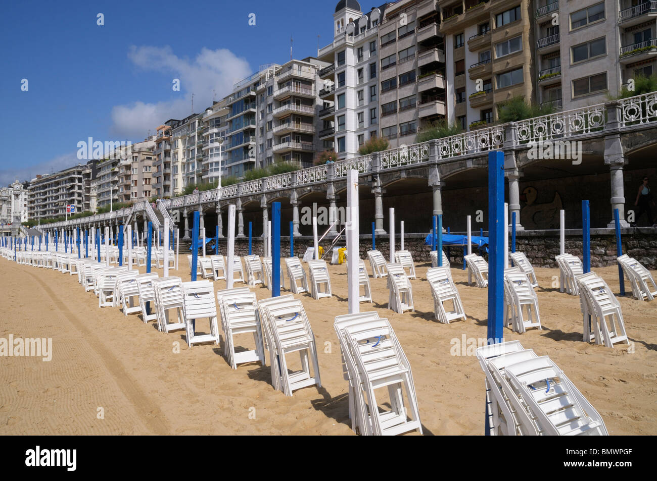 Deckchairs at Playa De La Concha, San Sebastian, Spain Stock Photo