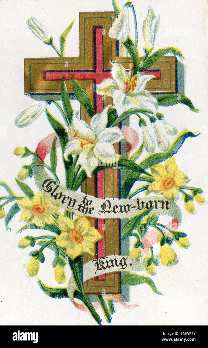 Cross with Lilies and Daffodils Stock Photo