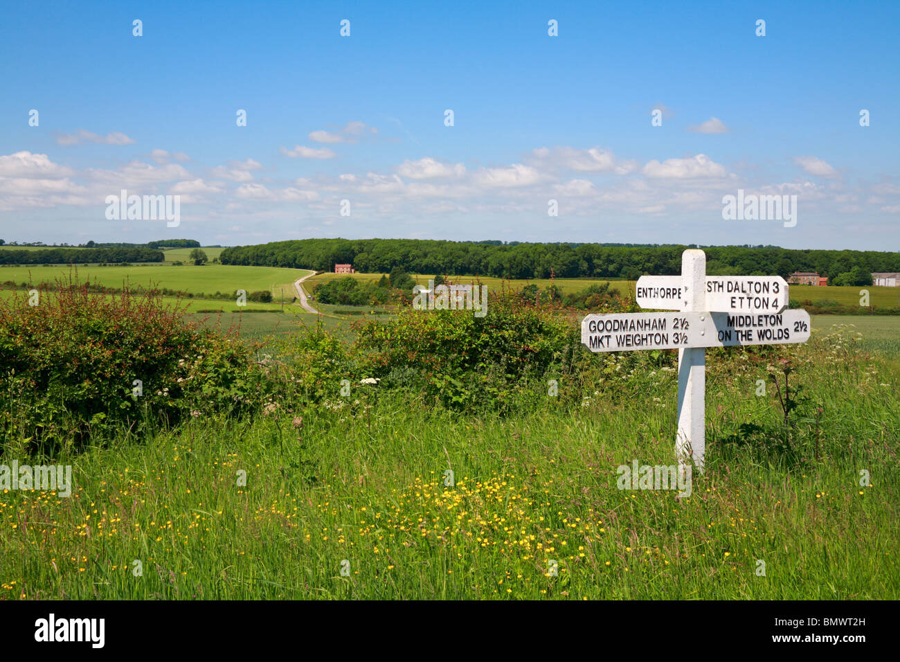 Traditional white signpost in the Yorkshire Wolds near Market Weighton, East Riding of Yorkshire, England, UK. Stock Photo