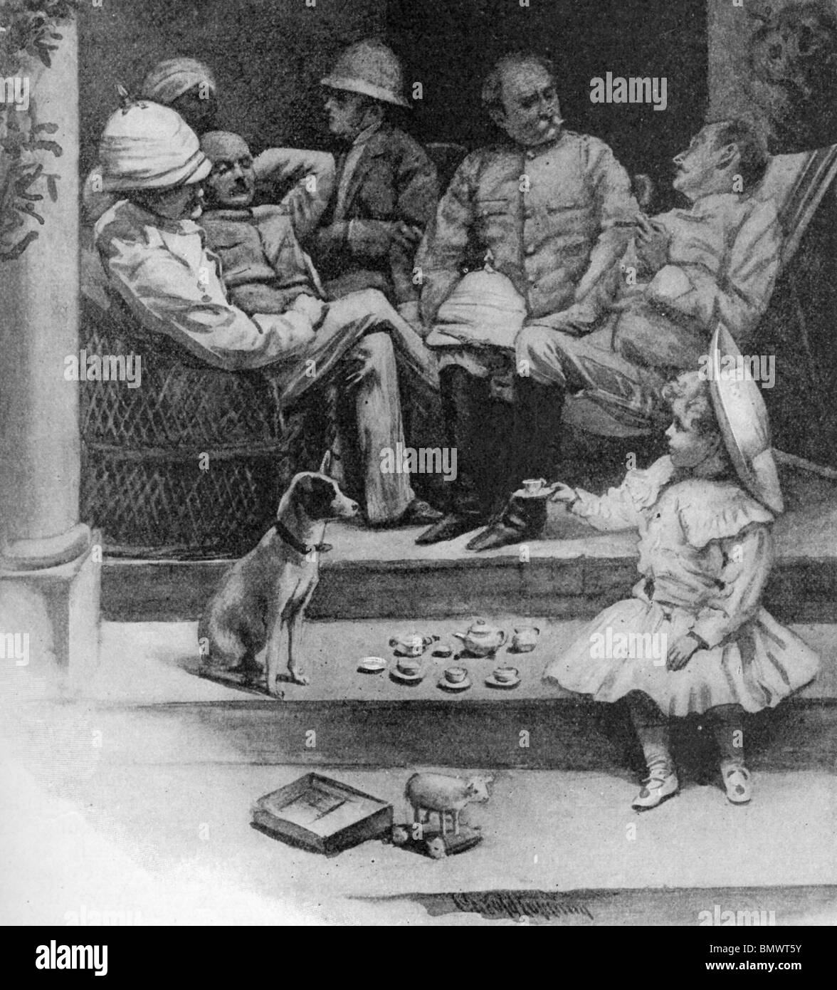 Army Officers and Little Girl having a Tea Party with her Pet Dog Stock Photo