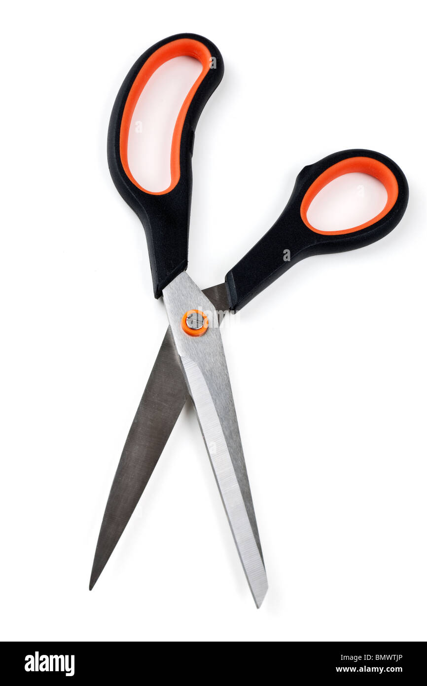 Large pair of black and orange scissors Stock Photo