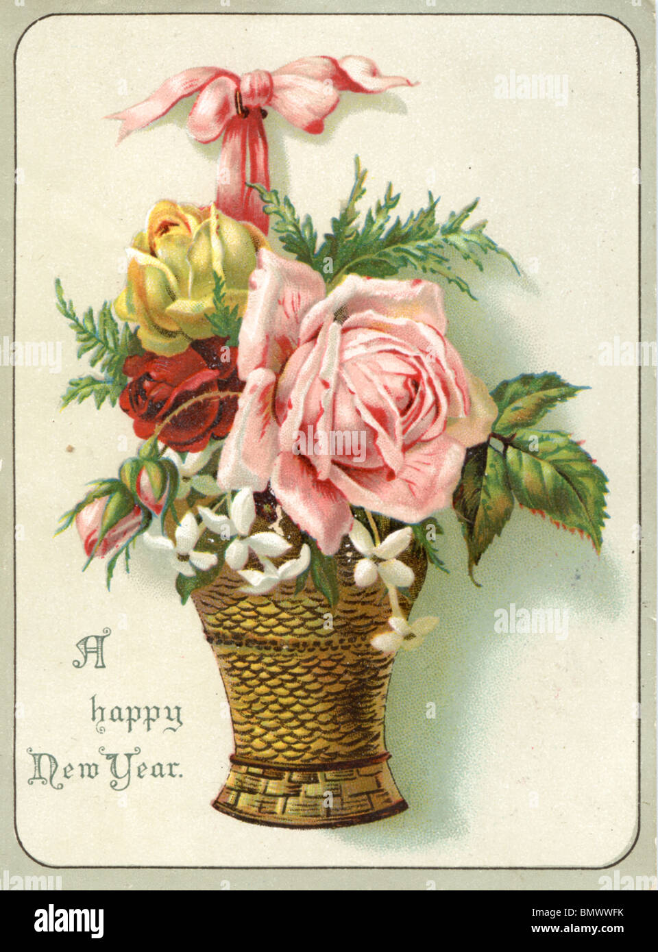 New Year Card - Pink, Yellow and Red Roses in a Basket Stock Photo - Alamy
