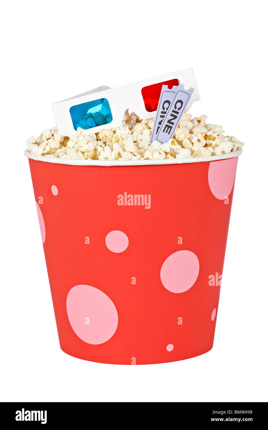 Popcorn bucket with two tickets and 3D anaglyph glasses isolated on a white background Stock Photo