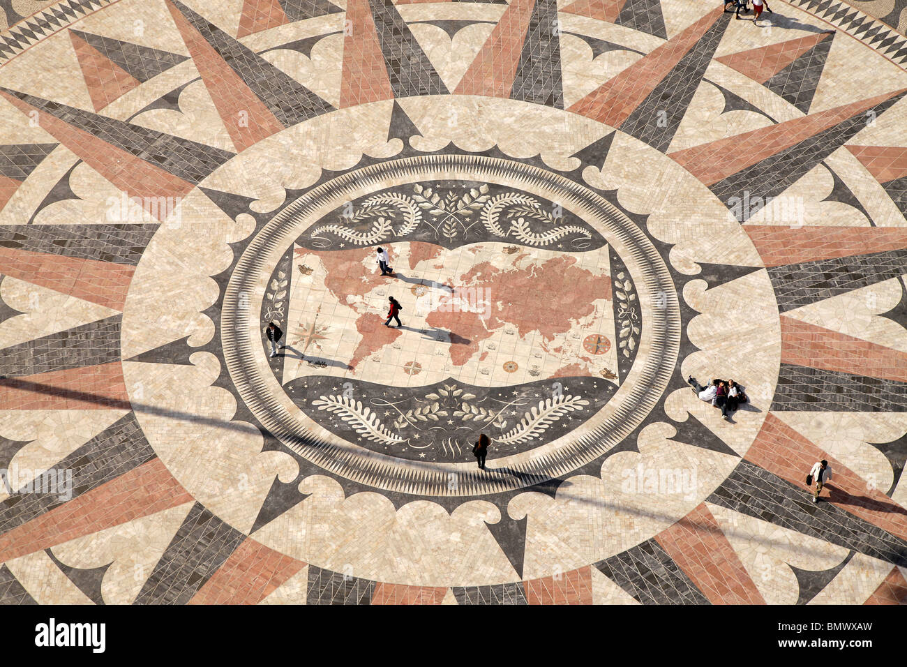 giant mosaic with Compass rose and world map at the Monument to the Discoveries Padrao dos Descobrimentos in Belem, Lisbon, Stock Photo
