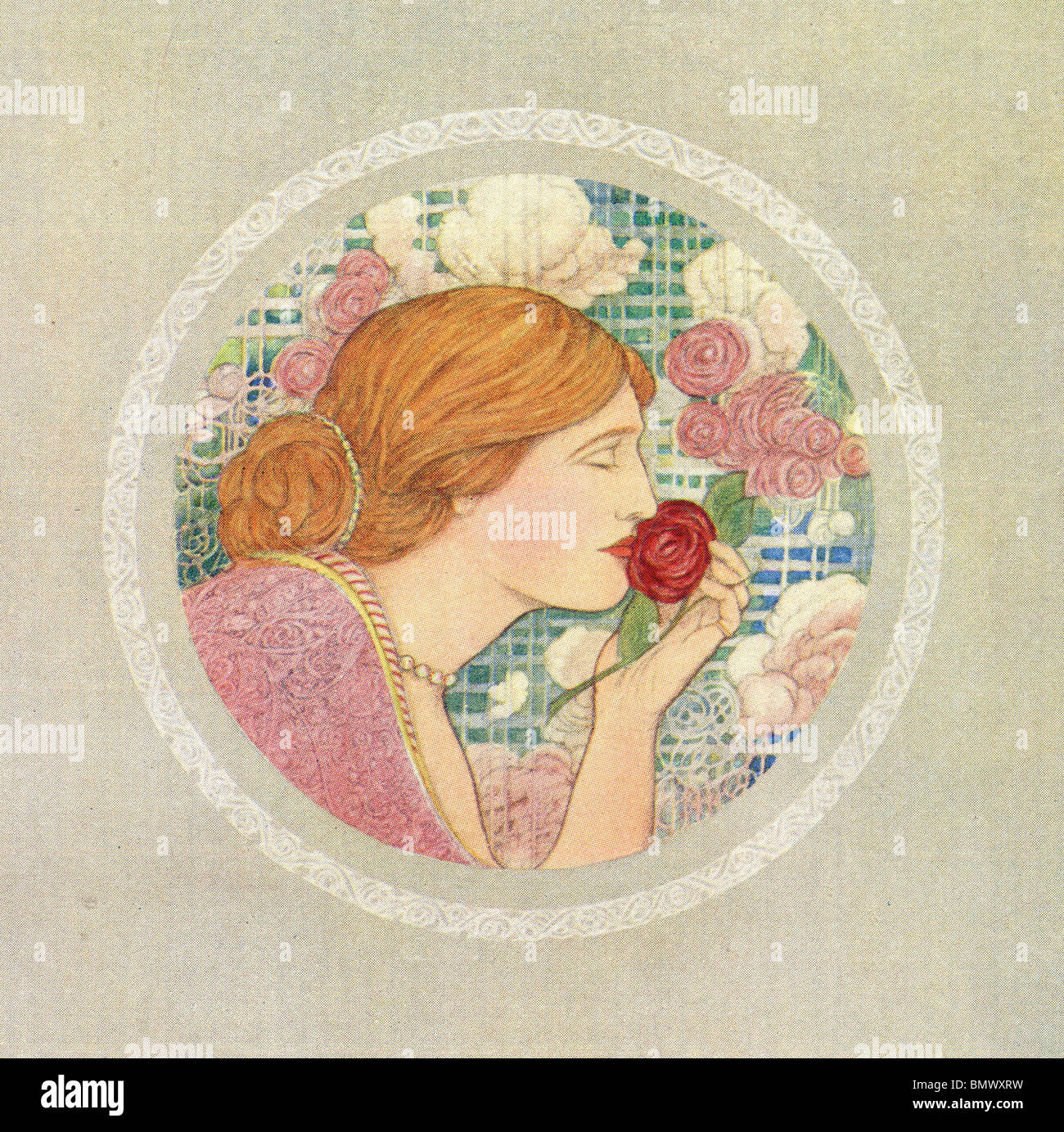 Woman Smelling a Red Rose Stock Photo - Alamy