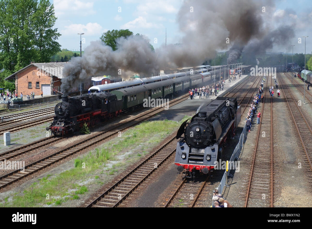 Steam Locomotives at Neuenmarkt Station ready to tackle the ' Schiefe Ebene ' Grade Stock Photo