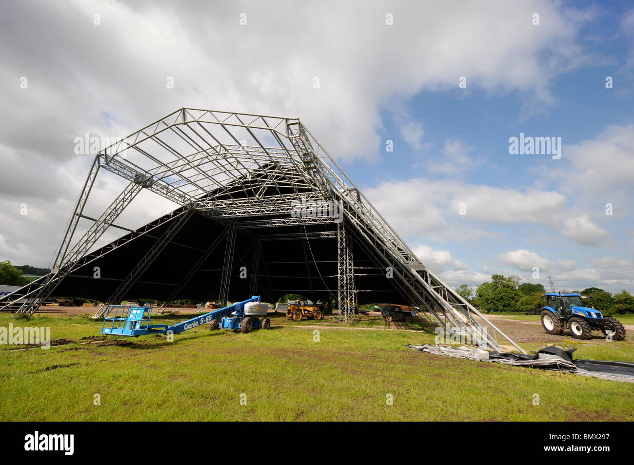 Construction of the main pyramid stage at the Glastonbury Festival site in Pilton, Somerset Stock Photo