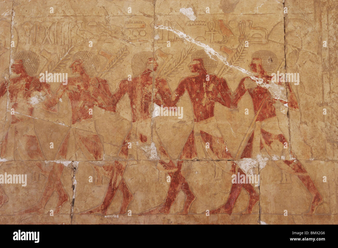 Relief depicting the egyptian soldiers in the expedition to the Land of Punt. Temple of Hatshepsut. Deir el-Bahari. Egypt. Stock Photo