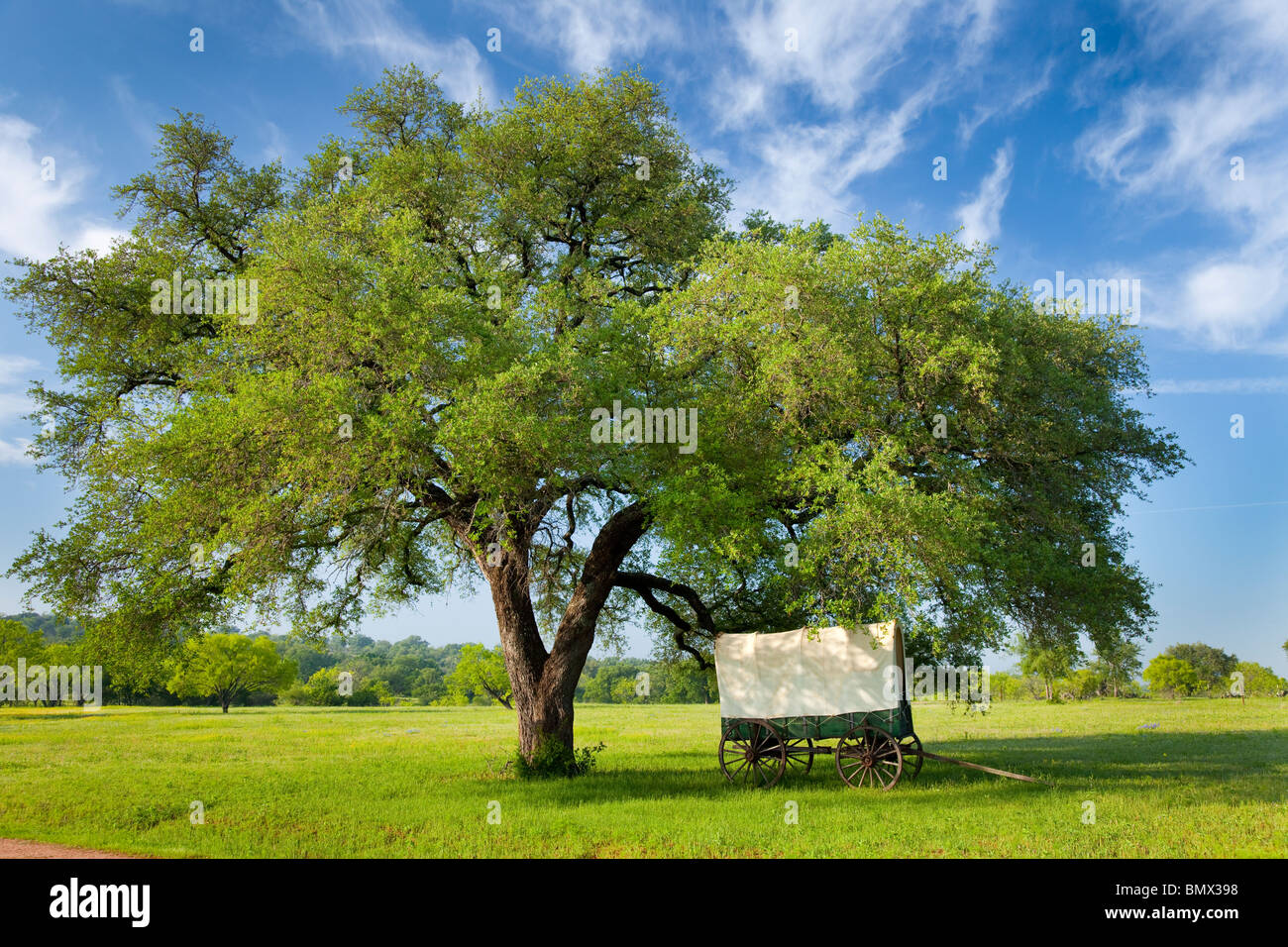 A decorative covered wagon at a ranch in rural Texas hill country, USA