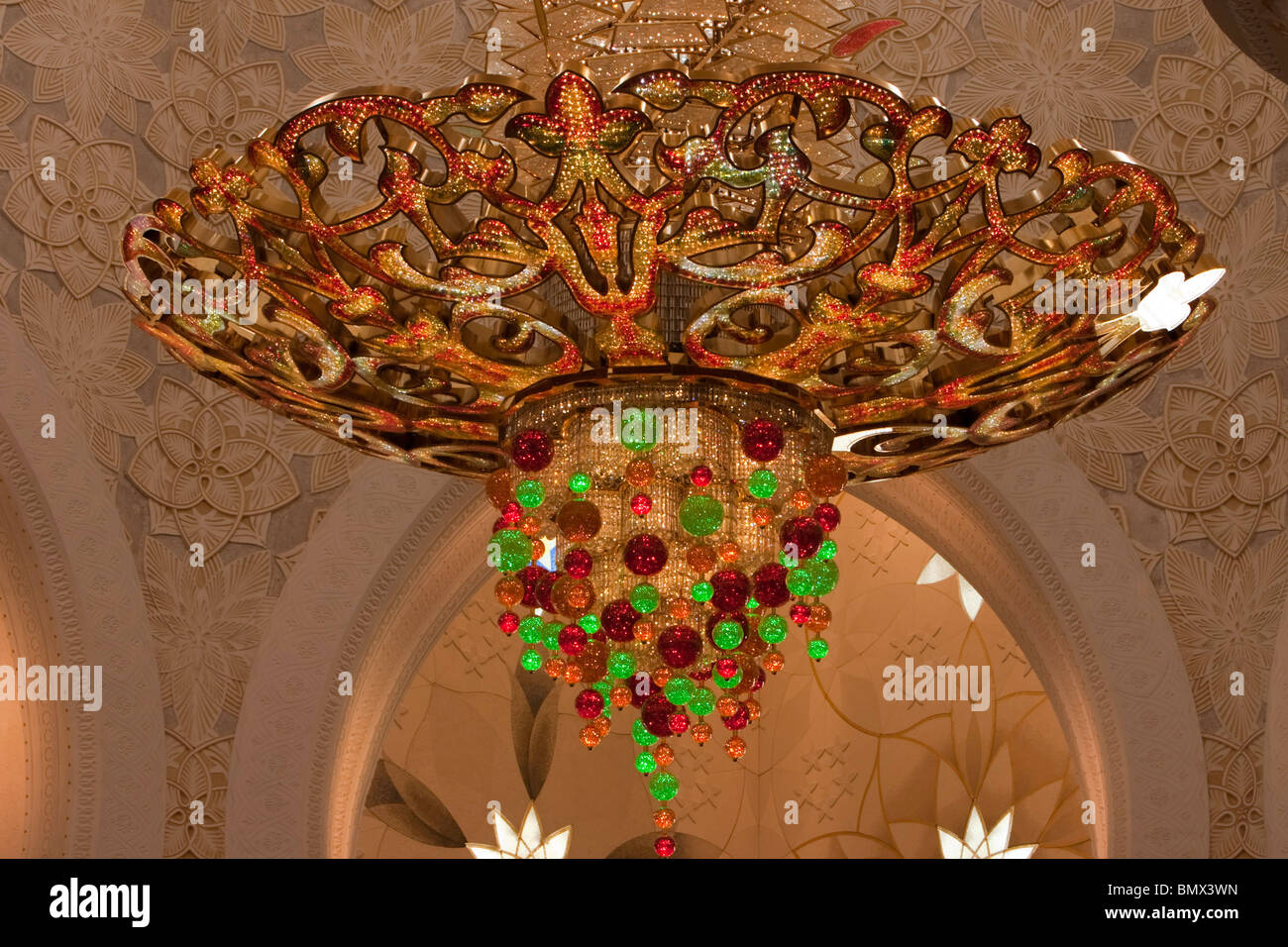 A huge gold plated chandelier at the Sheikh Zayed Bin Sultan Al Nahyan