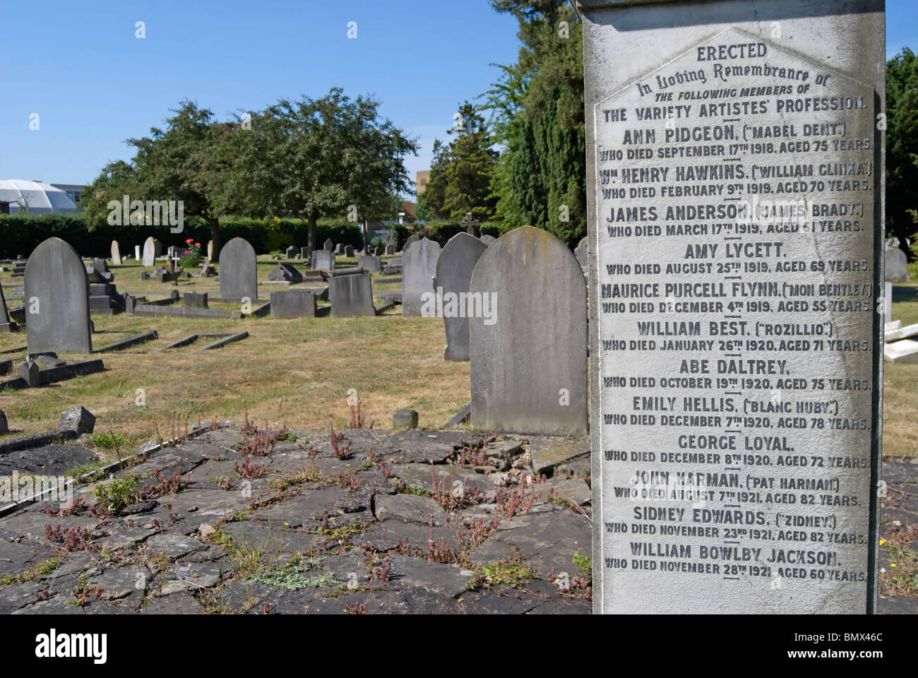 memorial stone inscribed in remembrance of variety artistes, who died between 1918 and 1921, twickenham cemetery, england Stock Photo