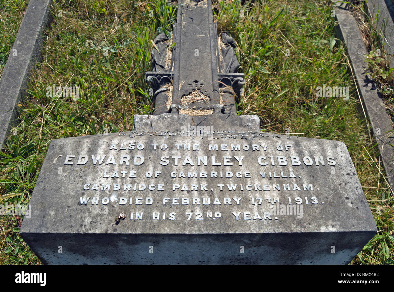 damaged tombstone of philatelist edward stanley gibbons, in twickenham