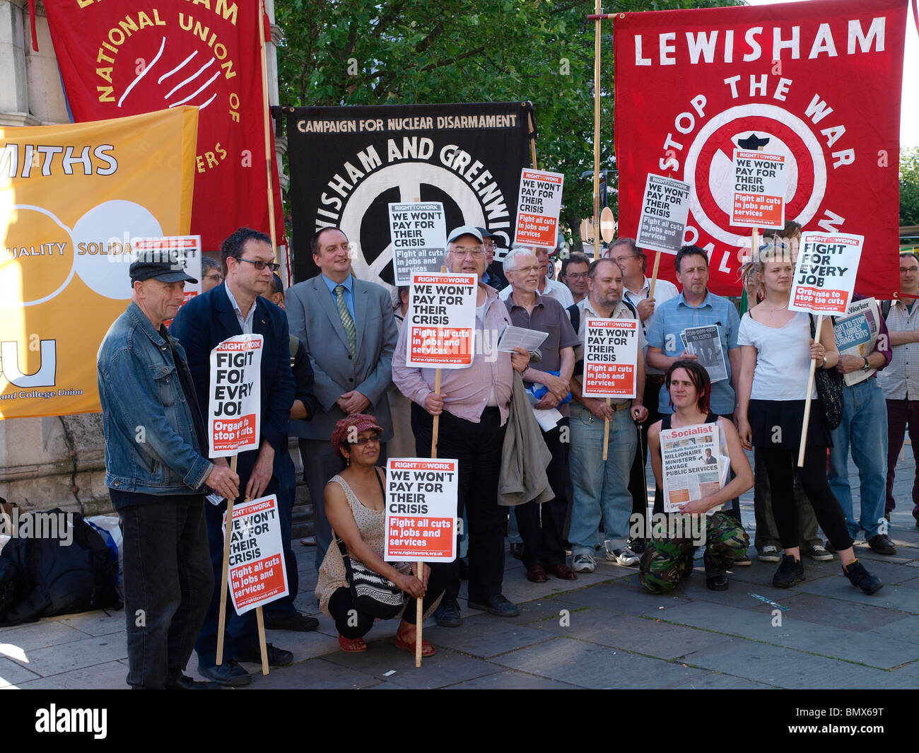 Lewisham Right to Work campaigners protest against George Osborne’s  budget describing it as an attack on jobs and services Stock Photo