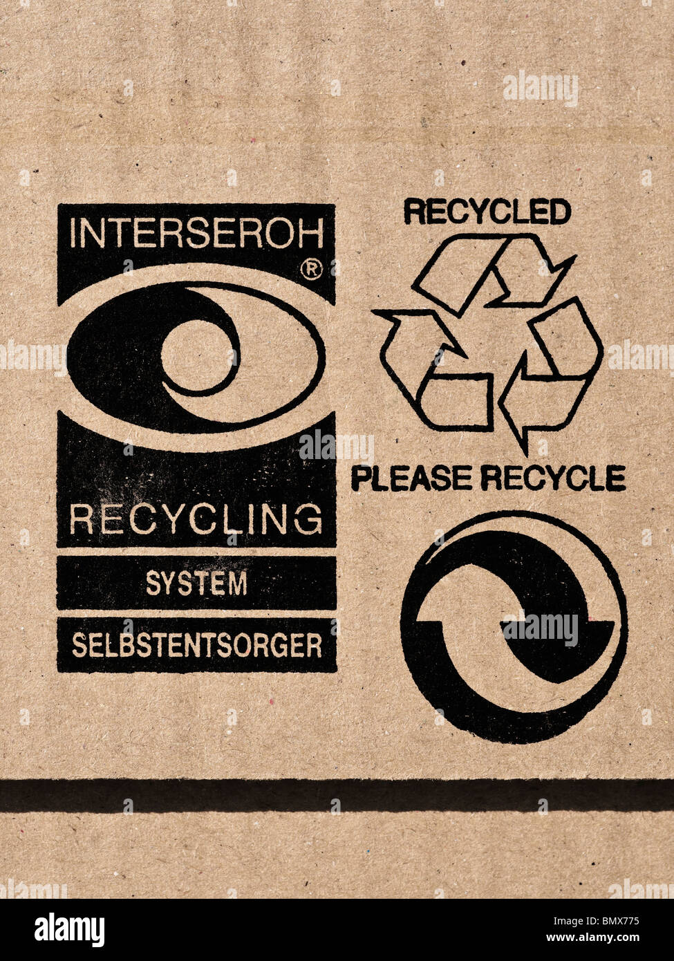 Cardboard box internationally recognized recycling information. Stock Photo
