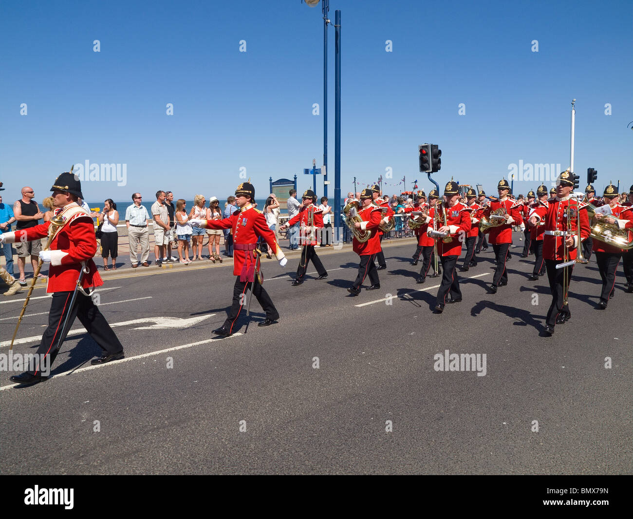 The Band of the King's Division lead the Yorkshire Regiment marching
